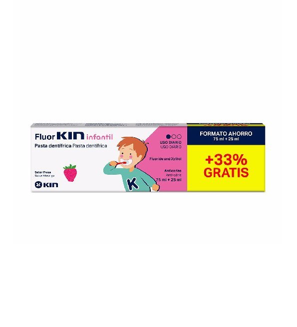 Kin-Fluor-Dent-Pates-Enfant-Fraise-75ml-25ml-Gr-1-1.jpg Kin Fluor Dentifrice Pates Enfant Fraise 75ml+ 25ml Gr – Image 1