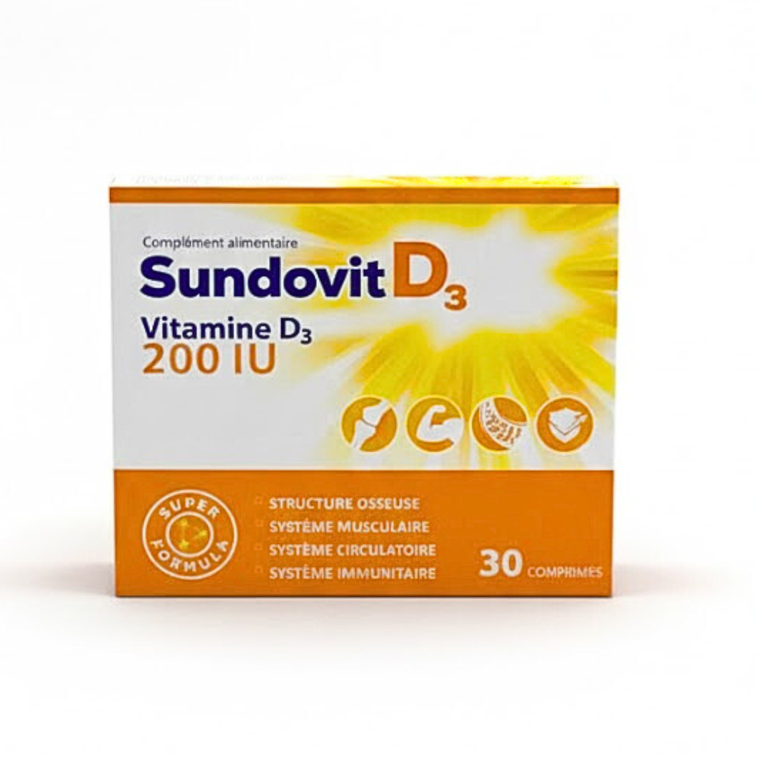 Sundovit-Vitamin-D3-200IU-30comprimes-1.png Sundovit Vitamin D3 200IU 30 Comprimes – Image 1