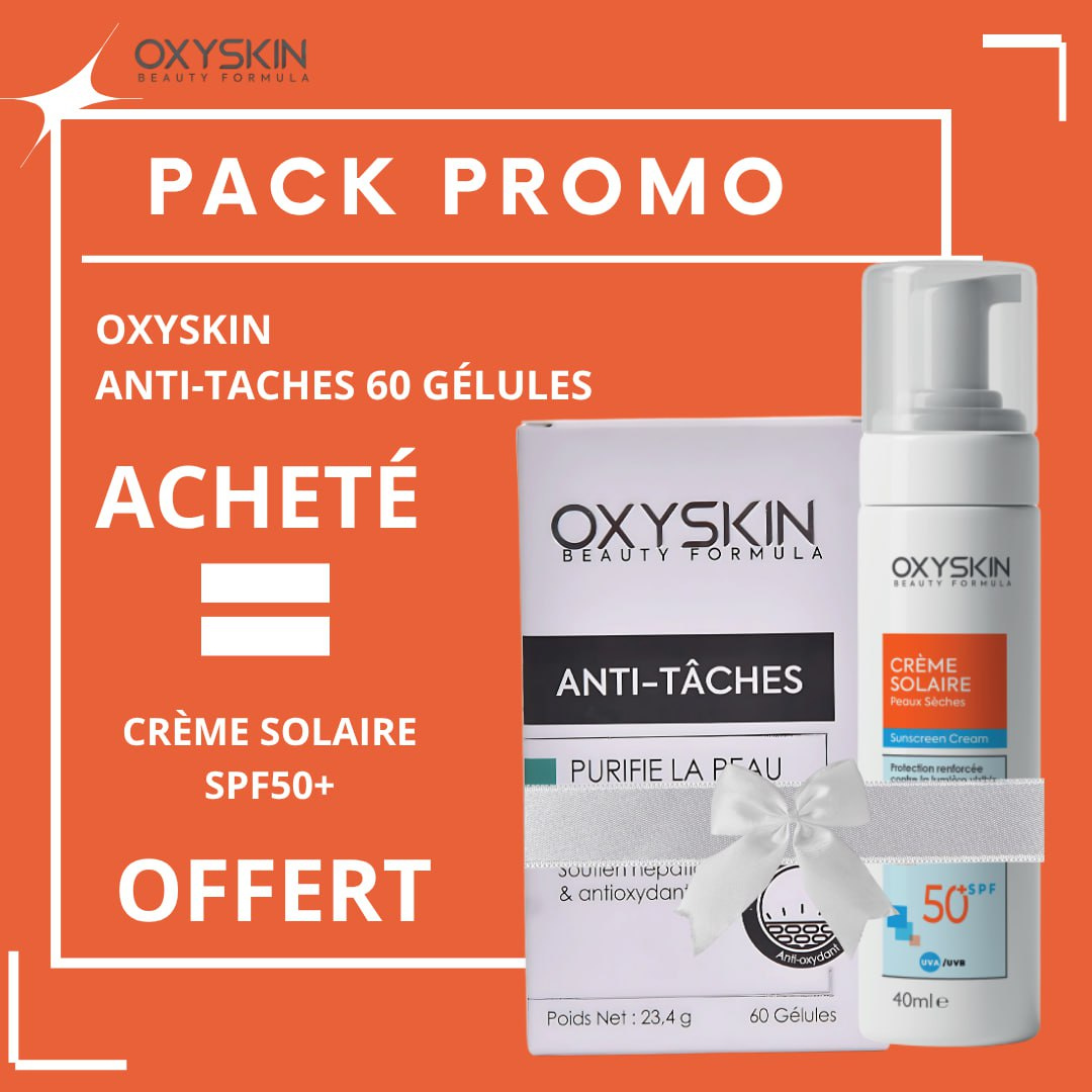 Oxyskin-Anti-taches-60-gelulesEcran-solaire-Ps-spf50-40ml-pack.png Oxyskin Anti-Taches 60 Gelules+Ecran Solaire Peux Seche Spf50+ 40ml Pack – Image 1