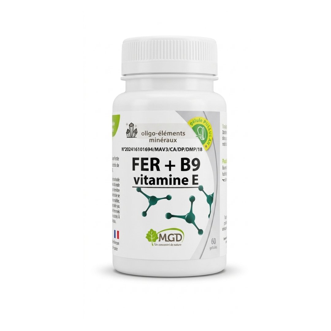 Mgd-Nature-Fer-B9-Vitamine-E-60-gelules.jpg Mgd Nature Fer + B9 Vitamine E 60 gelules – Image 1