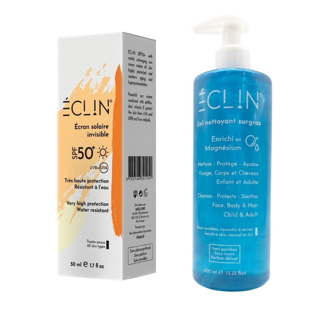 Eclin-Pack-Ecran-Solaire-InvisibleGel-Nettoyant-50ml.png Eclin Ecran Solaire Invisible+Gel Nettoyant 50ml Pack – Image 1