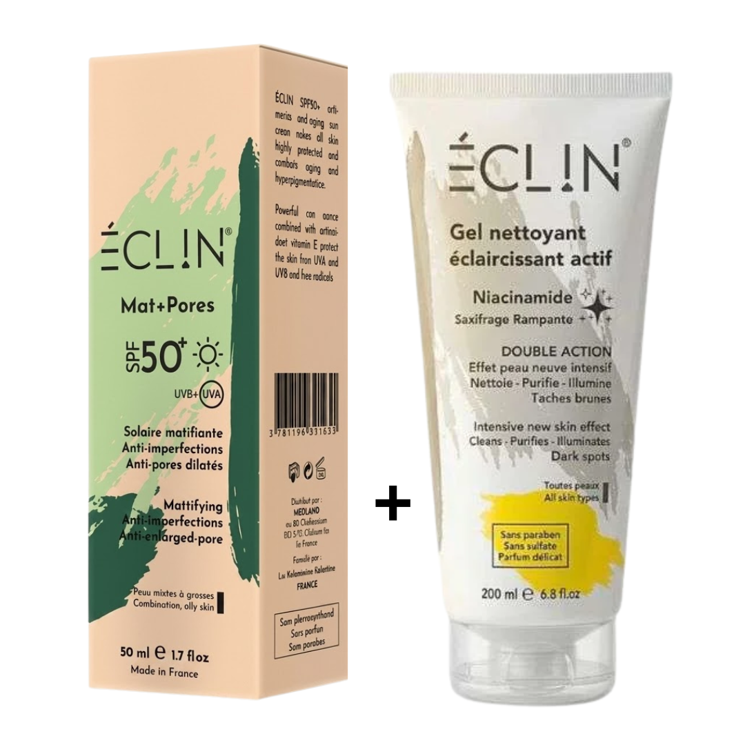 Eclin-Pack-Ecran-Solaire-MatPores-Spf50-Gel-Nettoyant-50ml.png Eclin Ecran Solaire Matifiante+Pores Spf50 + Gel Nettoyant 50ml Pack – Image 1