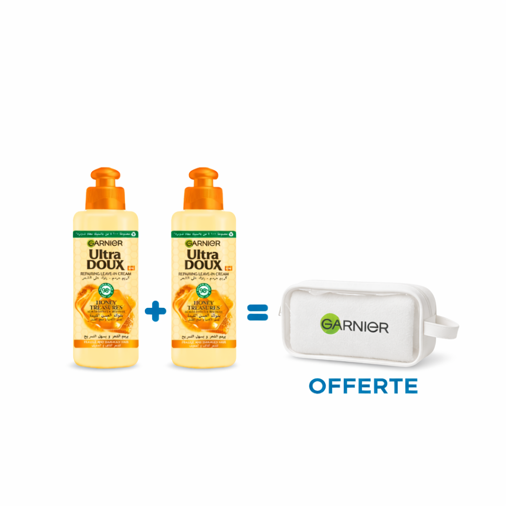 garnier-lot-de-2-hair-cream-trousse-Offerte.png Garnier Ultra Doux Serum Hair Honey 2 x 200ml + Trousse Offerte – Image 1