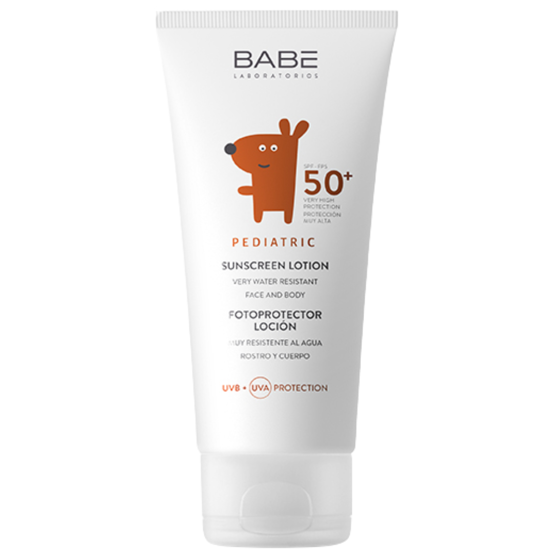 Babe-Sunscreen-Lotion-Pediatric-spf50-100Ml.png Babe Sunscreen Lotion Pediatric spf50+ 100Ml – Image 1