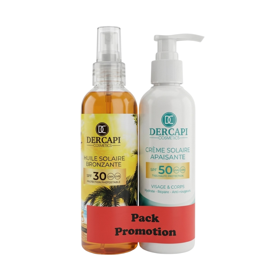 Dercapi-Creme-Solaire-Apaisante-Spf50-200ml-1.png Dercapi Huile De Bronzante Spf30 200ml+Creme Solaire Apaisante Spf50+ 200ml Pack – Image 1